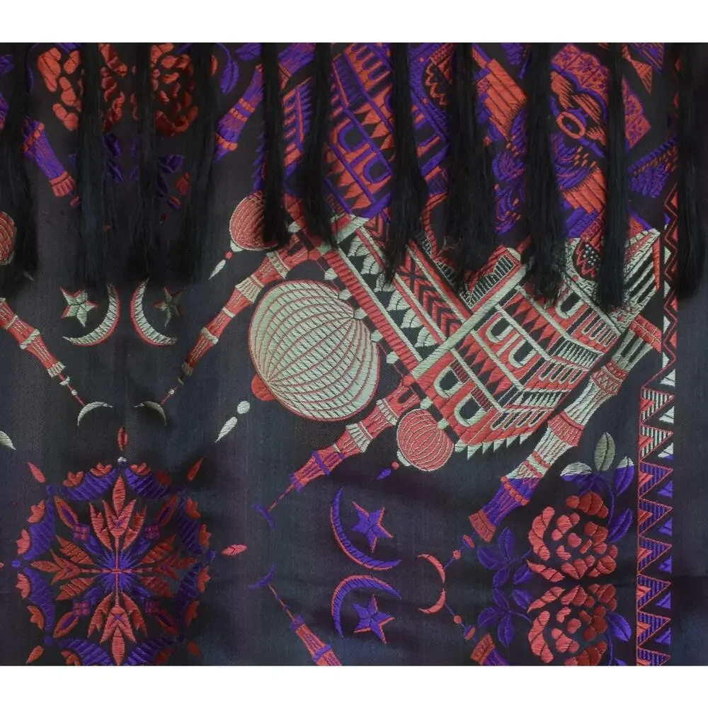 Vintage 40s Black and Purple Silk Taj Mahal Piano Shawl, WW2 Scarf, Fringed